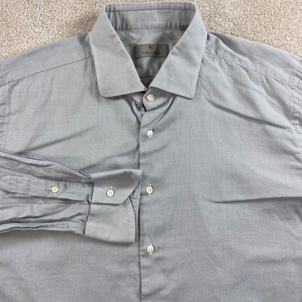 Canali Dress Shirt Mens 17.5 Light Blue Grey Micro Pattern Cotton Long Sleeve